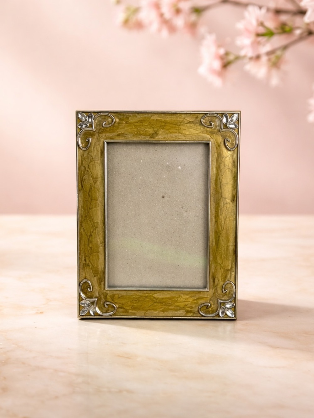 Vintage Art Nouveau Style Gold Marbled Enamel Photo Frame Rhinestone Accent